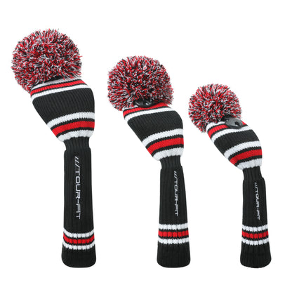 Golf Club Headcover | Tour Fit Double Layer Pom Pom Premium Knitted Golf Head Cover | Driver, Fairway, Rescue | Set of 3 or 4