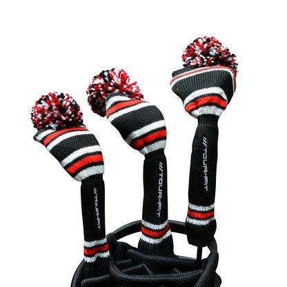 Golf Club Headcover | Tour Fit Double Layer Pom Pom Premium Knitted Golf Head Cover | Driver, Fairway, Rescue | Set of 3 or 4